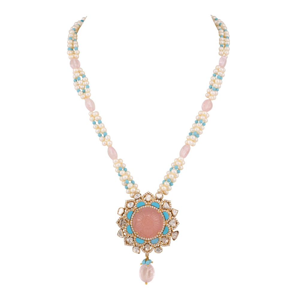 Carved Pink and Turquoise Gemstone Necklace with Polkis and Pearl